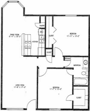 B1C - Two Bedroom / One Bath / 1005 Sq. Ft.*