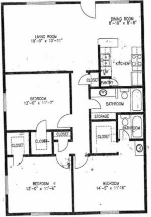 C1 - Three Bedroom / Two Bath / 1295 Sq. Ft.*